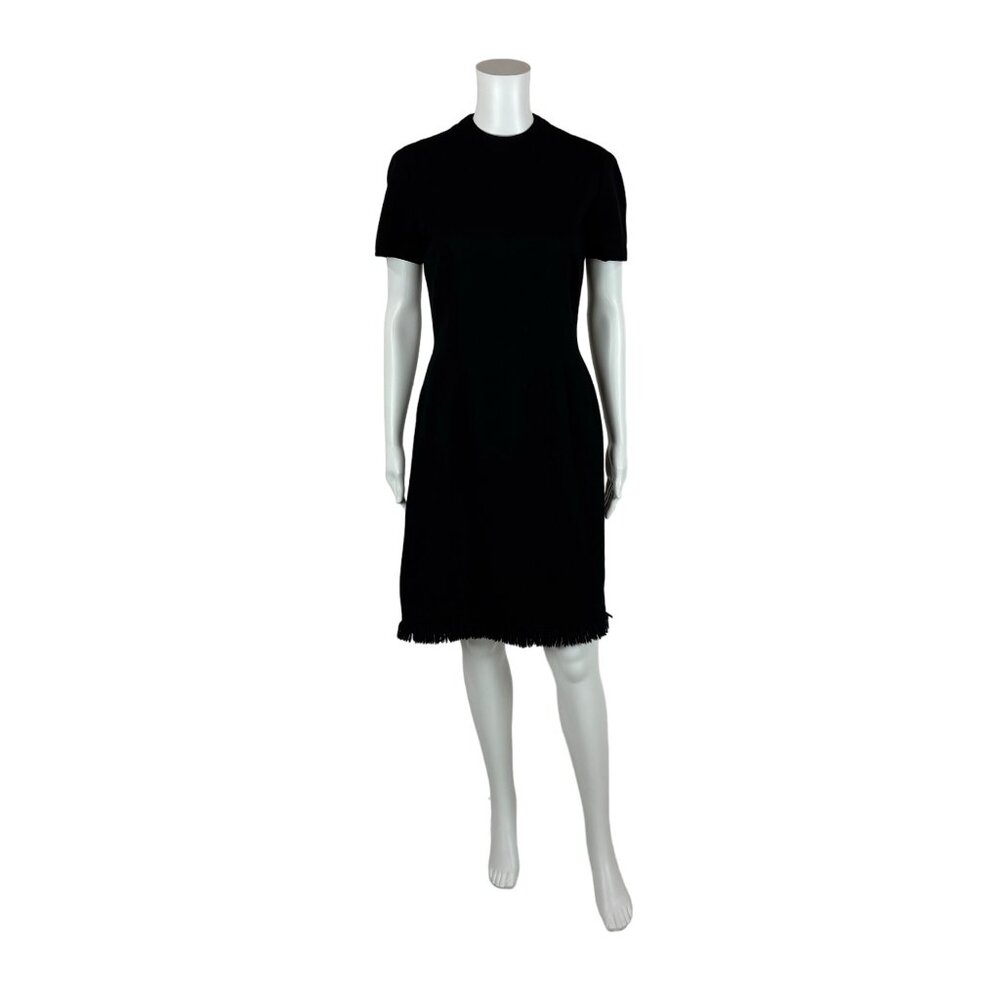 Vintage 60s Wool Dress Women's Medium Black Mockneck Mod Fringe Hem Shift